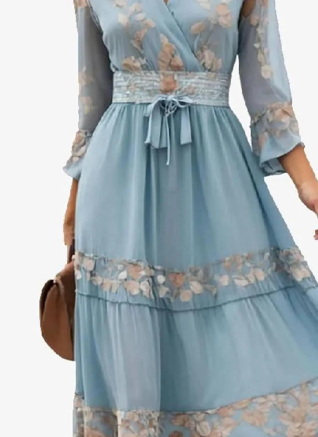 Womens Maxi Dress V-Neck Long Sleeve Floral Print Blue Belted High Waist Breezy 2025 Spring Summer Casual Dress