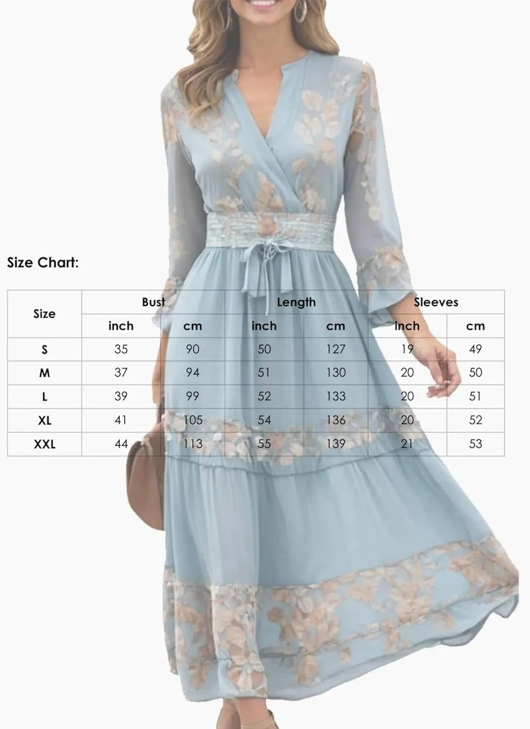 Womens Maxi Dress V-Neck Long Sleeve Floral Print Blue Belted High Waist Breezy 2025 Spring Summer Casual Dress