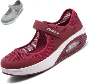 Women's Mesh Air Cushion Adjustable Nurse Shoes Comfortable Hollow Breathable Working Orthotic Wedges Mary Jane Lightweight Out Granny Non-Slip Walking Shoe