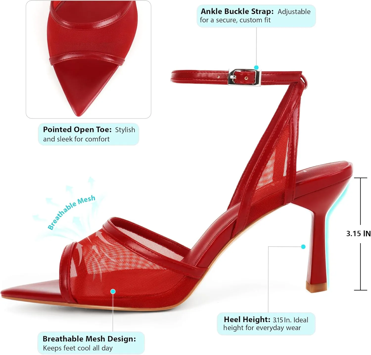 Women's Mesh High Heels Sandals Pointed Open Toe Ankle Buckle Strap Stiletto Heels Dress Wedding Shoes