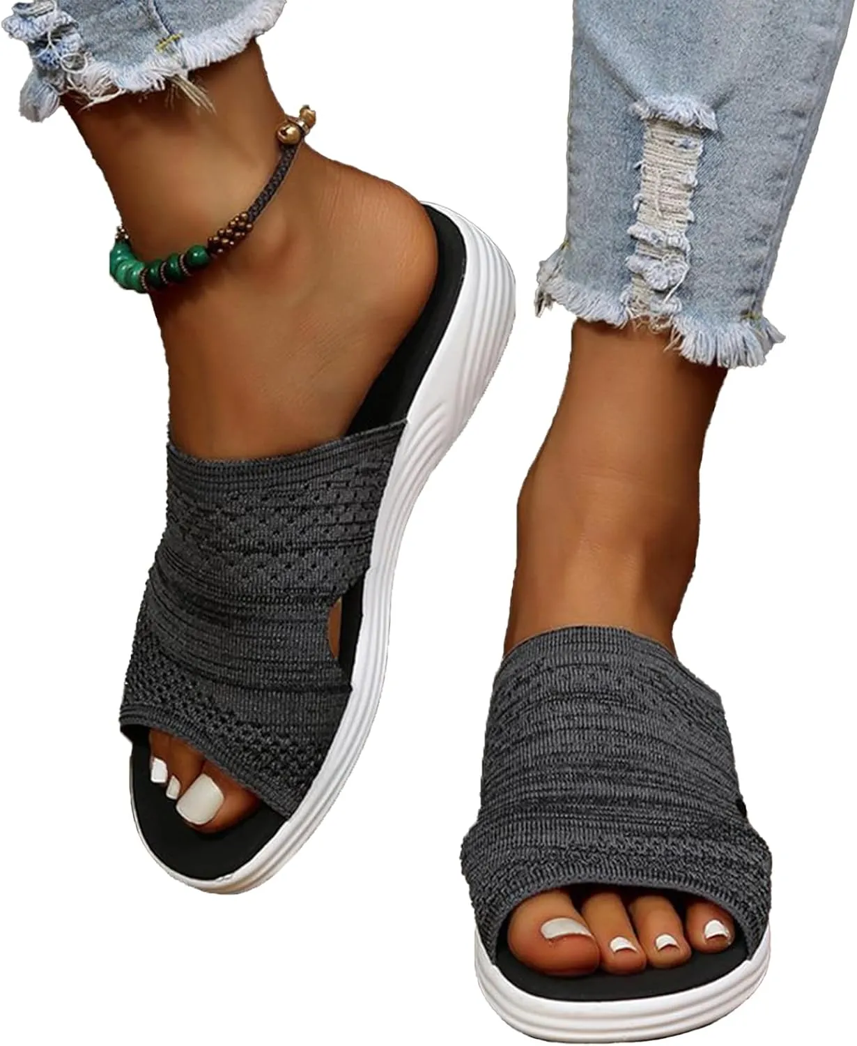Women's Mesh Open Toe Hollow Platform Wedge Sandals Slip-On Summer Comfort Non-Slip Breathable Beach Fish Mouth Sandals