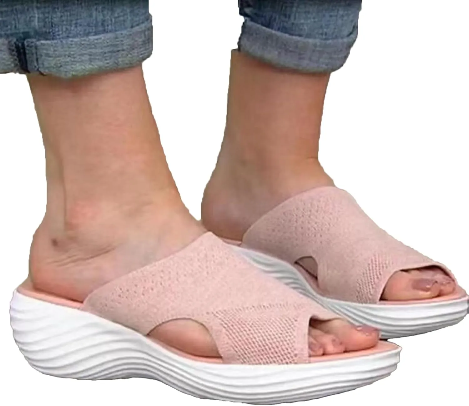 Women's Mesh Open Toe Hollow Platform Wedge Sandals Slip-On Summer Comfort Non-Slip Breathable Beach Fish Mouth Sandals