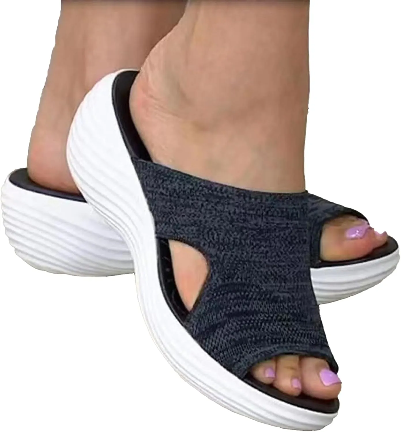 Women's Mesh Open Toe Hollow Platform Wedge Sandals Slip-On Summer Comfort Non-Slip Breathable Beach Fish Mouth Sandals
