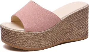 Women'S Open-Toe Platform Wedge Espadrille Slippers Summer Breathable Fish Mouth Slip-On Casual Wedge Sandals Fashionable Bohemian Beach Sandals
