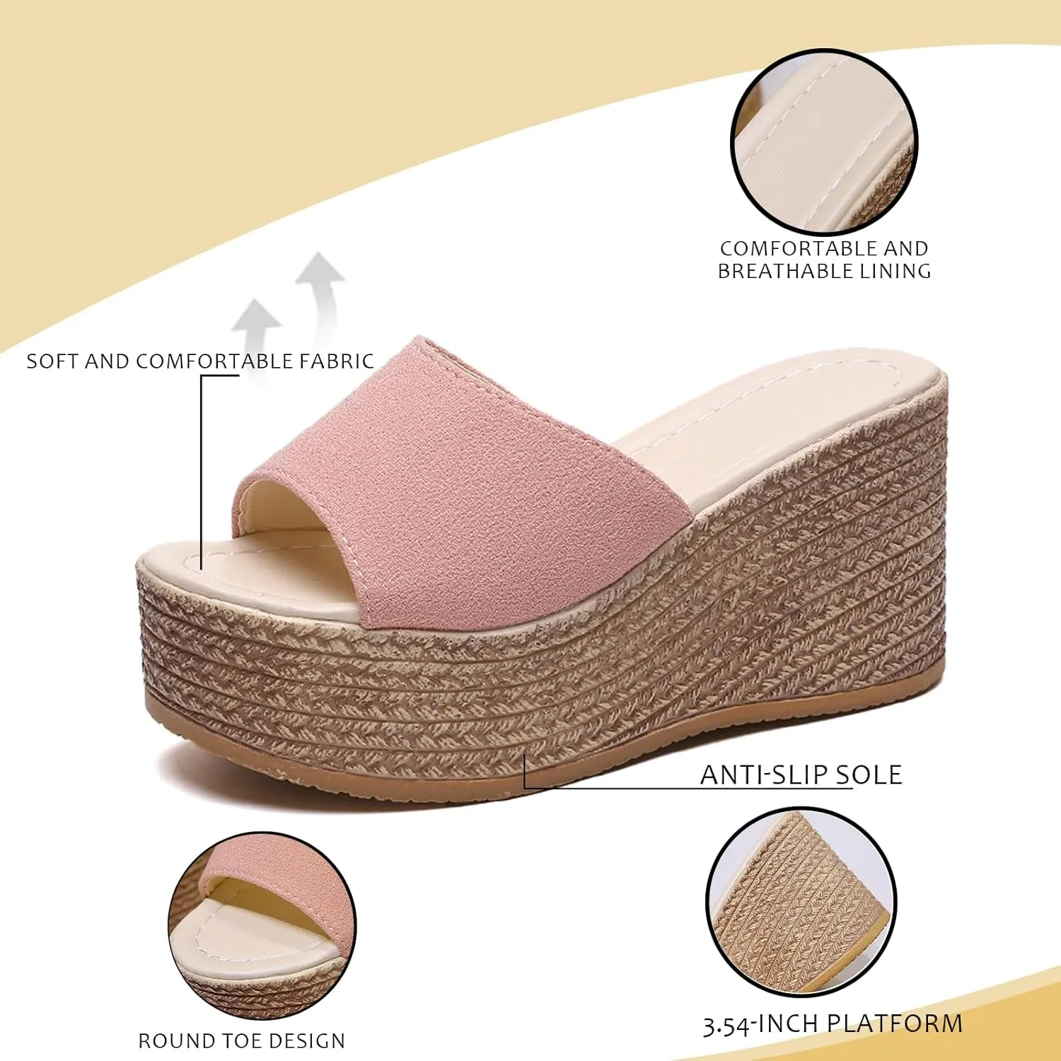 Women'S Open-Toe Platform Wedge Espadrille Slippers Summer Breathable Fish Mouth Slip-On Casual Wedge Sandals Fashionable Bohemian Beach Sandals