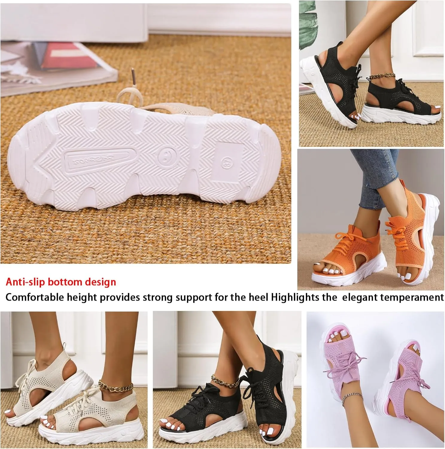 Women's Open Toe Tennis Shoes – Orthopedic Wedge Sandals with Arch Support, Breathable Mesh Lace-Up Sneaker Sandals, Thick Soled Walking Shoes for Summer, Casual Beach & Outdoor Wear