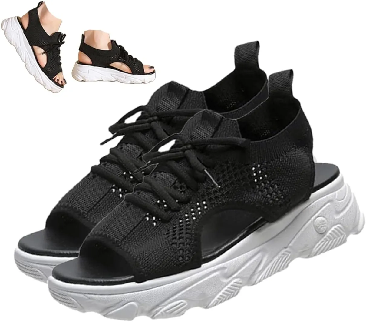 Women's Open Toe Tennis Shoes – Orthopedic Wedge Sandals with Arch Support, Breathable Mesh Lace-Up Sneaker Sandals, Thick Soled Walking Shoes for Summer, Casual Beach & Outdoor Wear