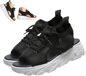 Women's Open Toe Tennis Shoes – Orthopedic Wedge Sandals with Arch Support, Breathable Mesh Lace-Up Sneaker Sandals, Thick Soled Walking Shoes for Summer, Casual Beach & Outdoor Wear