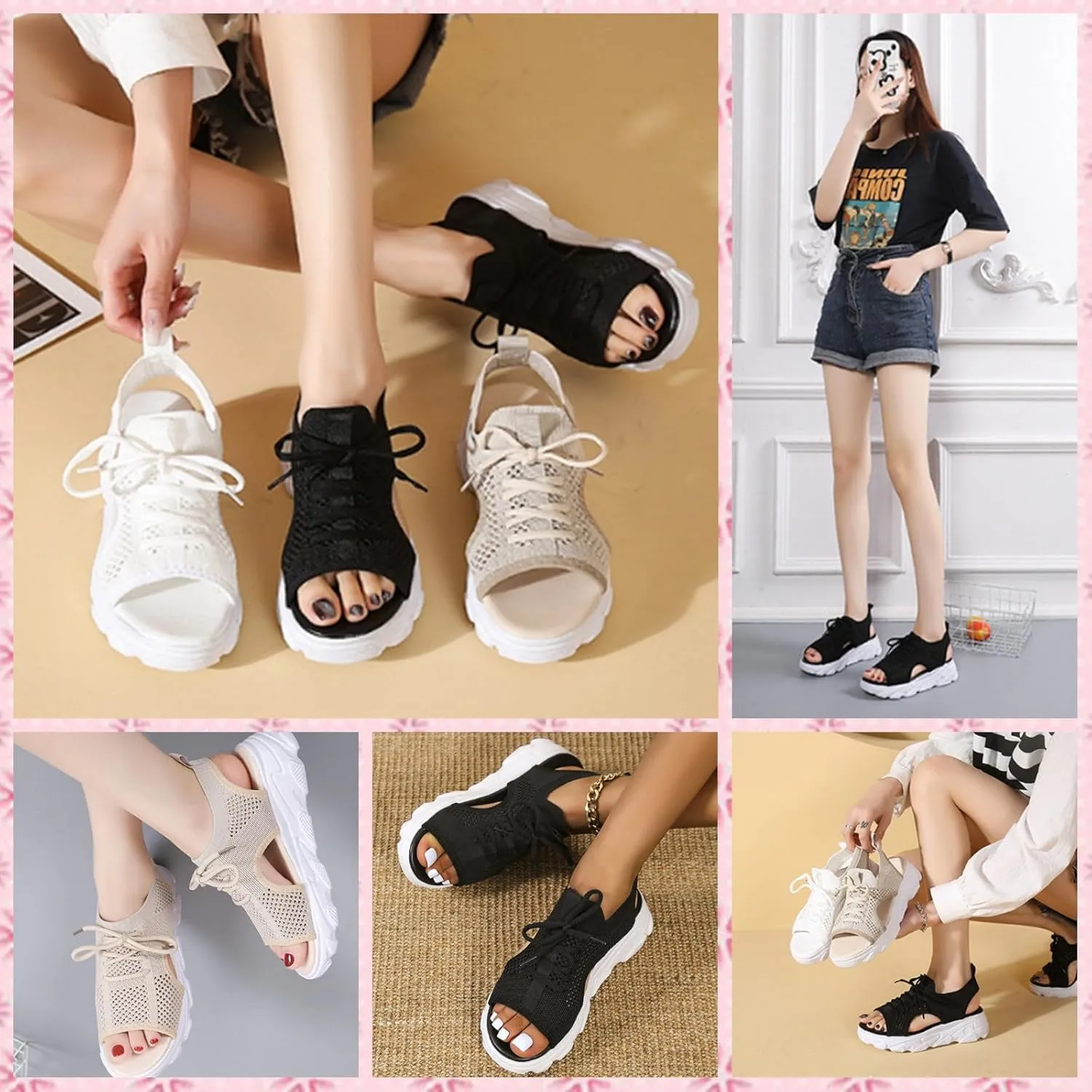 Women's Open Toe Tennis Shoes – Orthopedic Wedge Sandals with Arch Support, Breathable Mesh Lace-Up Sneaker Sandals, Thick Soled Walking Shoes for Summer, Casual Beach & Outdoor Wear