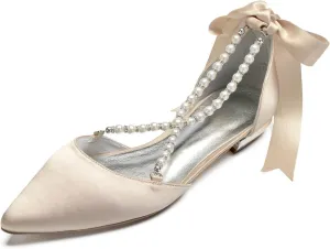 Women's Pearl Satin Wedding Shoes for Bride Flats Comfortable Closed Toe Bridal Shoes Satin Prom Party Dress Pumps with Bow