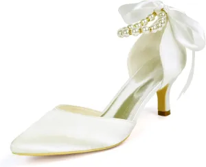Women's Pearl White Low Heel Comfortable Pointed Toe Wedding Shoes for Bride - Satin Bridal Pumps Sandals for Prom Party Dress