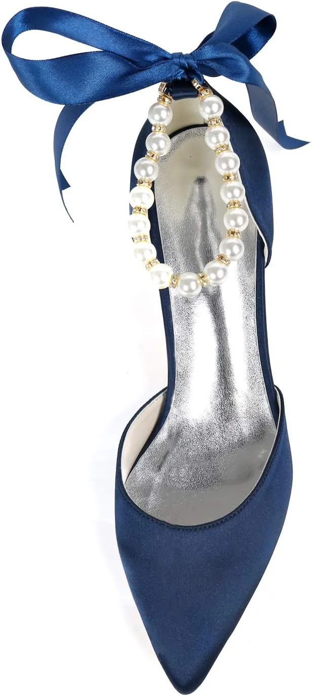 Women's Pearl White Low Heel Comfortable Pointed Toe Wedding Shoes for Bride - Satin Bridal Pumps Sandals for Prom Party Dress
