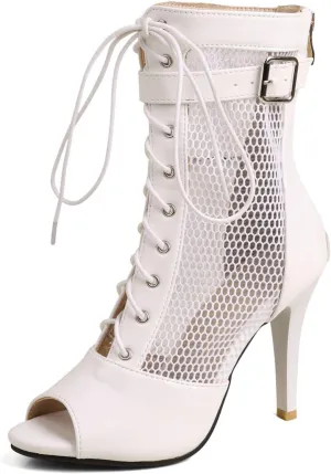 Women's Peep Toe Mesh Lace-Up Stiletto High Heel Sandals Summer Breathable Comfortable Back Zipper Gladiator Sandals Booties Sexy Dance Shoes