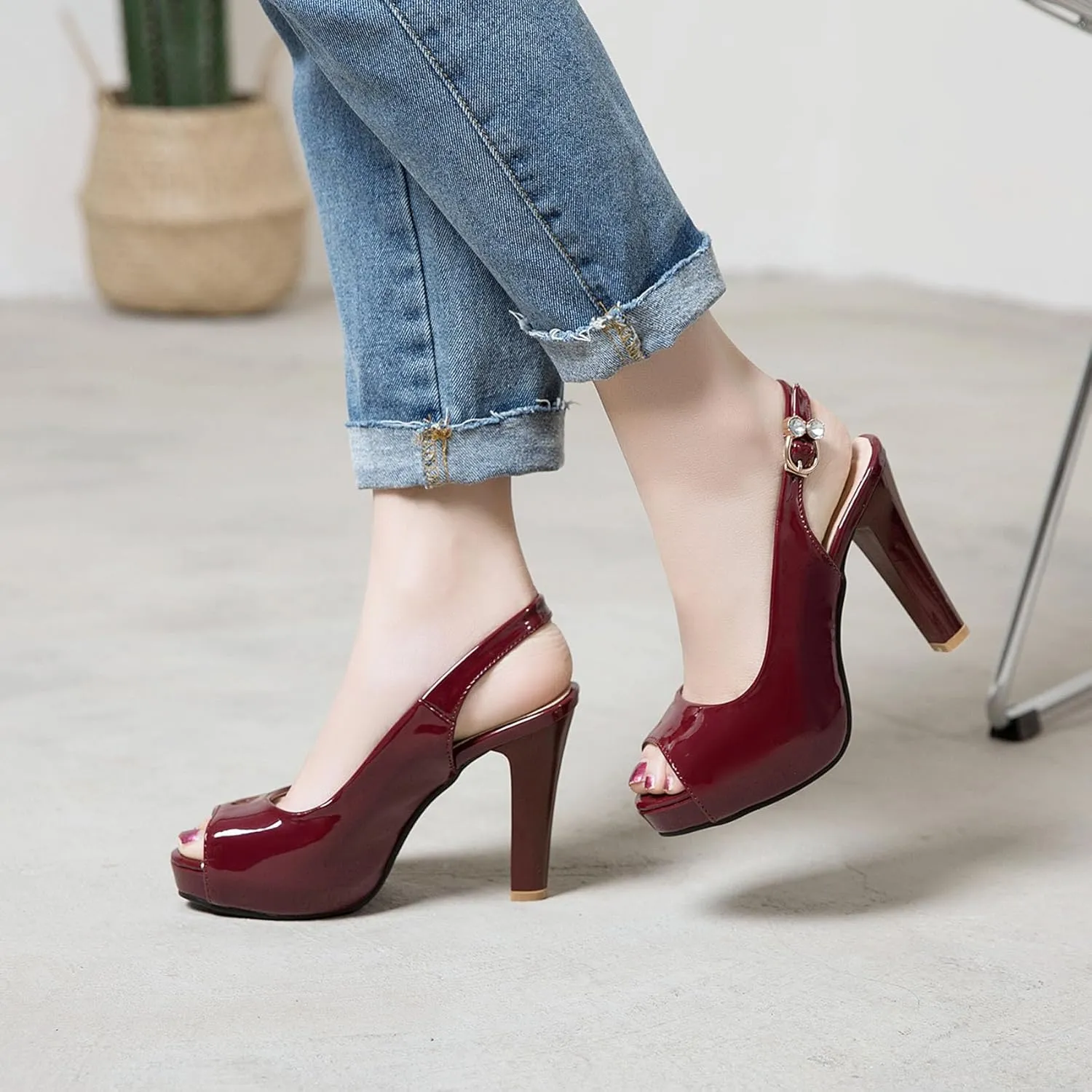 Women'S Peep Toe Slingback Pumps High Heel Platform Sandals with Buckle