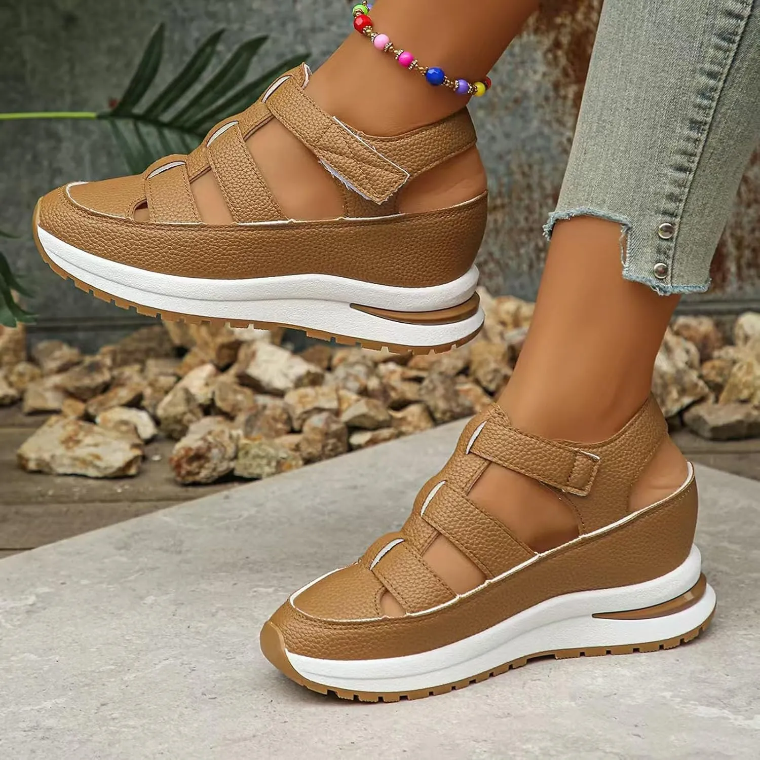 Womens Platform Sandals Comfortable Hollow Out Breathable Closed Toe Wedge Shoes Casual Stylish Arch Support Ankle Strap Orthopedic Leather Sandals