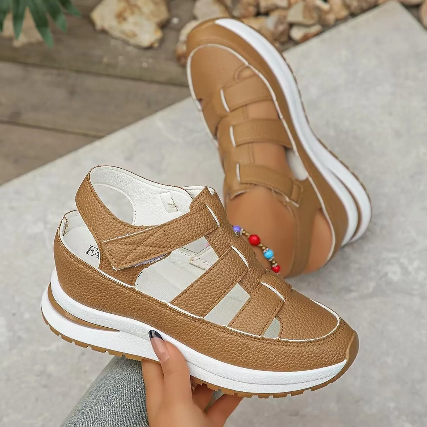 Womens Platform Sandals Comfortable Hollow Out Breathable Closed Toe Wedge Shoes Casual Stylish Arch Support Ankle Strap Orthopedic Leather Sandals