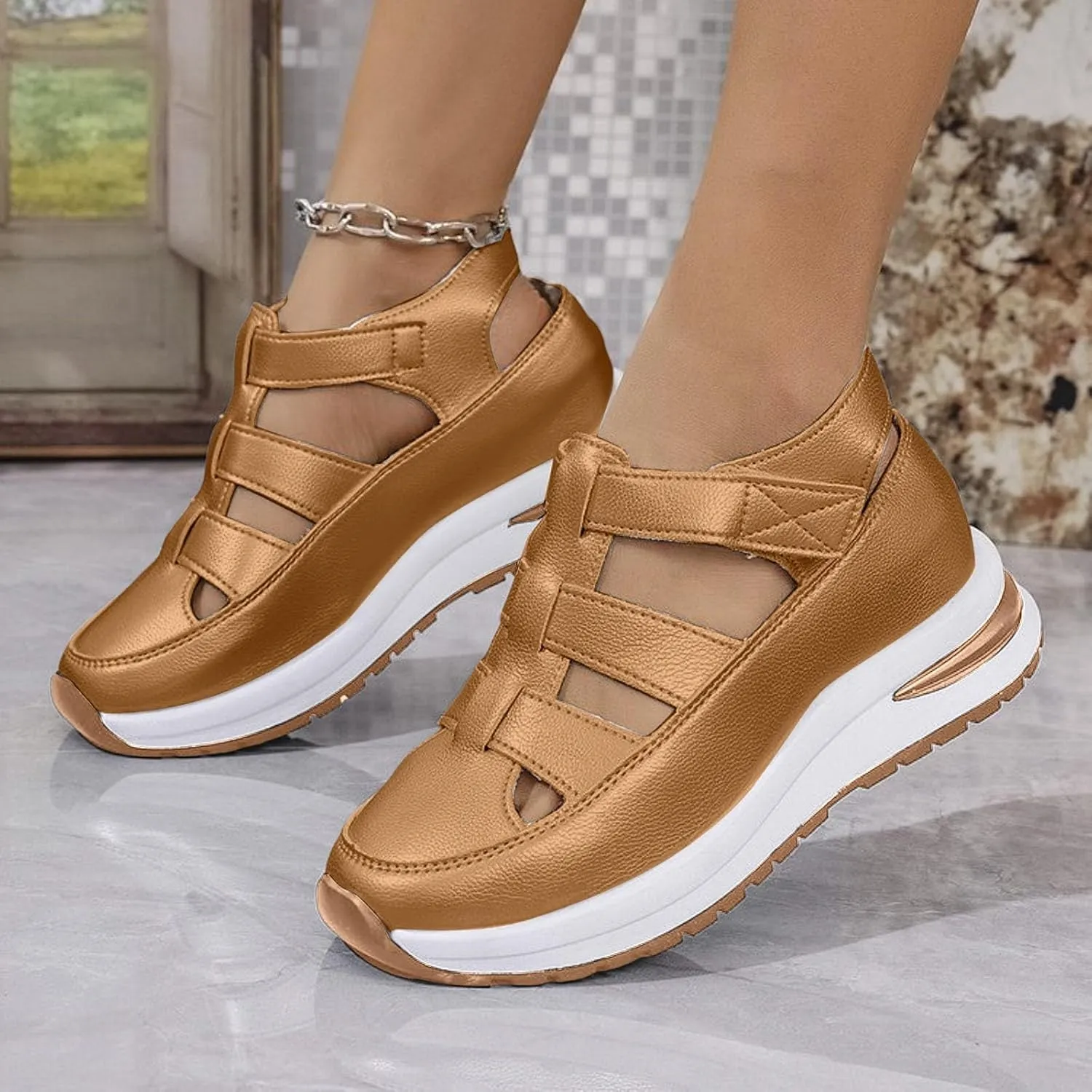 Womens Platform Sandals Comfortable Hollow Out Breathable Closed Toe Wedge Shoes Casual Stylish Arch Support Ankle Strap Orthopedic Leather Sandals