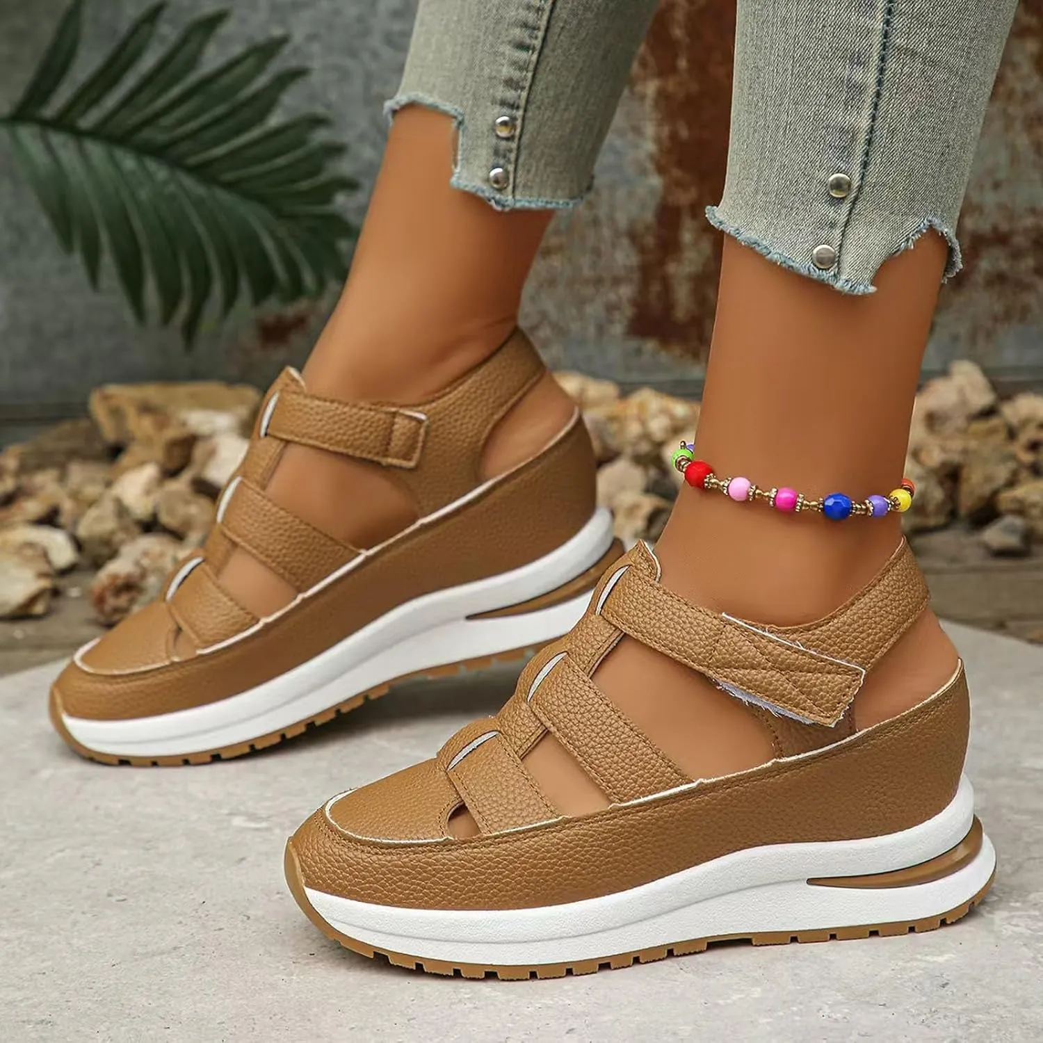 Womens Platform Sandals Comfortable Hollow Out Breathable Closed Toe Wedge Shoes Casual Stylish Arch Support Ankle Strap Orthopedic Leather Sandals