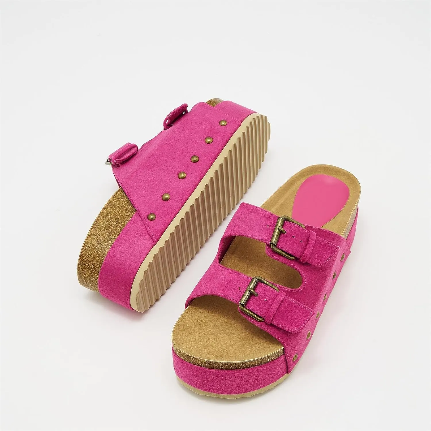 Women's Platform Slide Sandals Comfortable Cork Footbed Studded Clogs Adjustable Buckle Straps Open Toe Flatform Sandal Summer Slipper