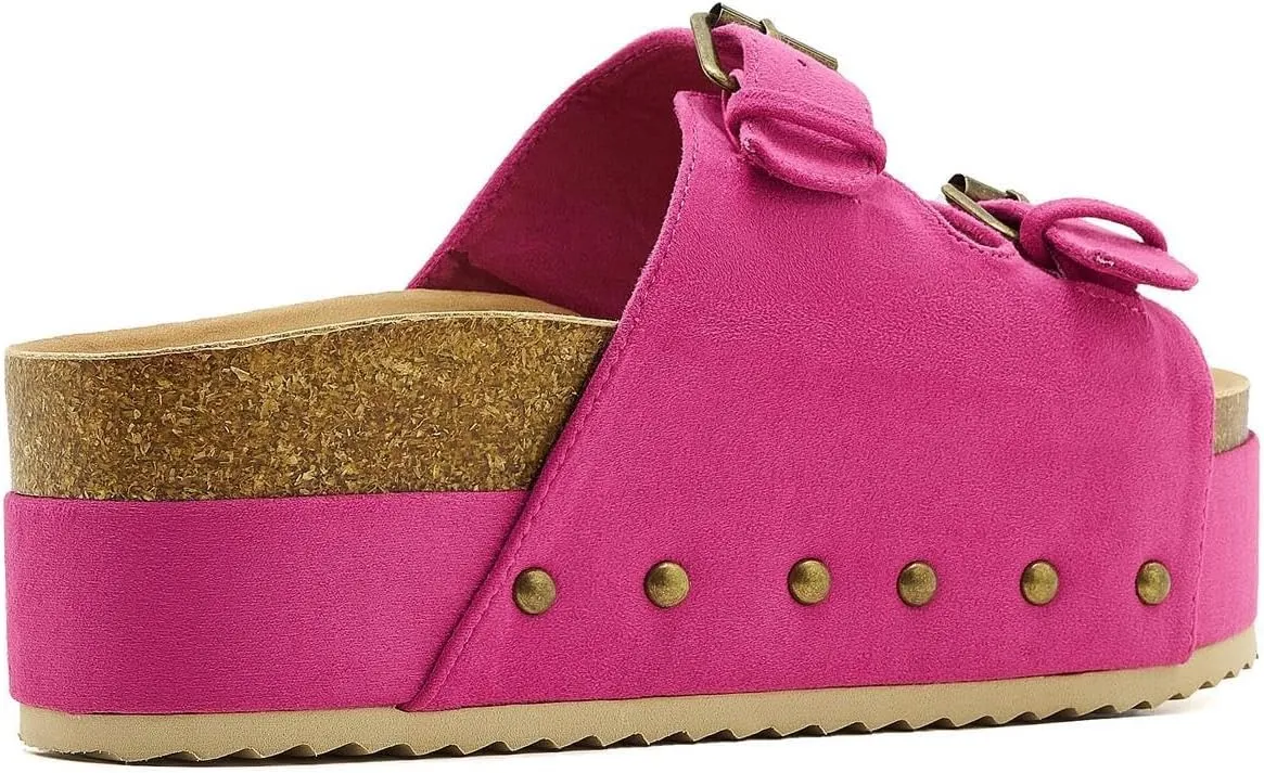 Women's Platform Slide Sandals Comfortable Cork Footbed Studded Clogs Adjustable Buckle Straps Open Toe Flatform Sandal Summer Slipper