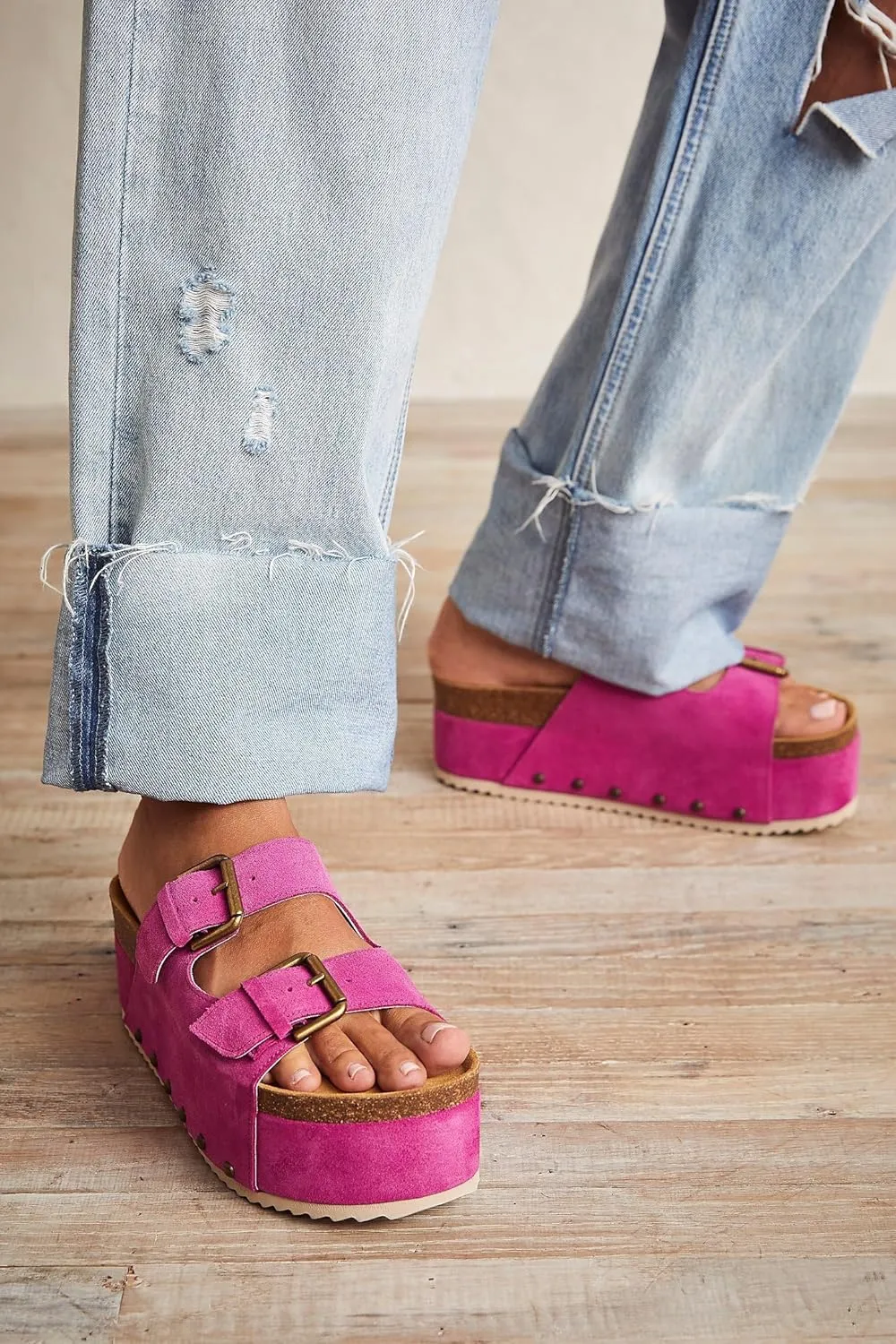 Women's Platform Slide Sandals Comfortable Cork Footbed Studded Clogs Adjustable Buckle Straps Open Toe Flatform Sandal Summer Slipper