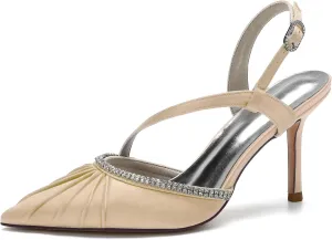Women's Pointed Satin Wedding for Bride Comfortable Bridal Shoes with Crystal Ankle Strap Prom Party Slingback Shoes Pumps