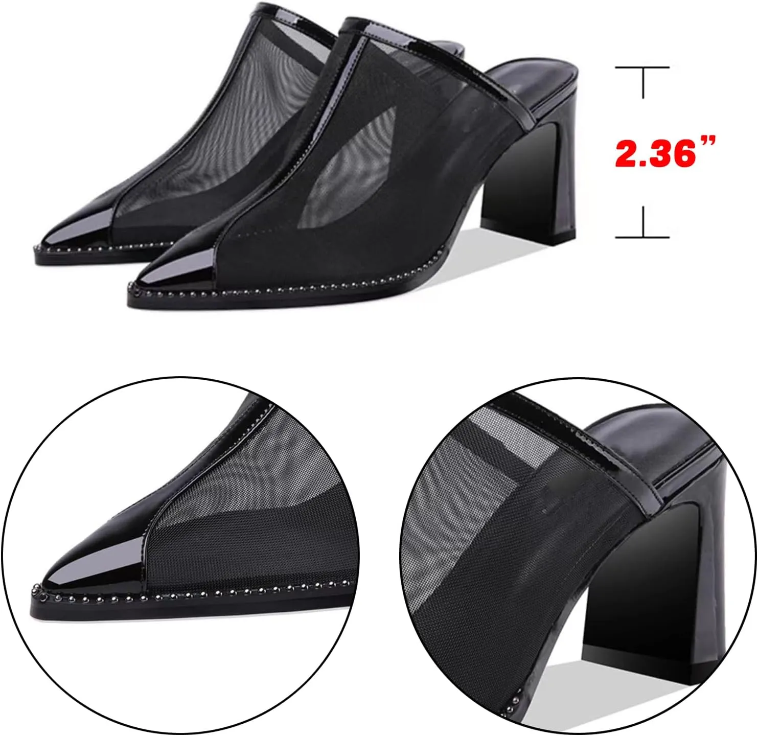 Women'S Pointed Toe Mesh Slingback Chunky Heels Sandals, Summer Comfort Closed Toe Slip On Block Mid Heels,Breathable Fashion Anti-Slip Casual Nightclub Shoes