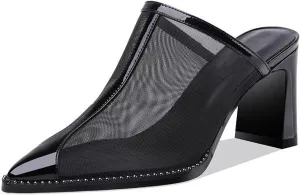 Women'S Pointed Toe Mesh Slingback Chunky Heels Sandals, Summer Comfort Closed Toe Slip On Block Mid Heels,Breathable Fashion Anti-Slip Casual Nightclub Shoes