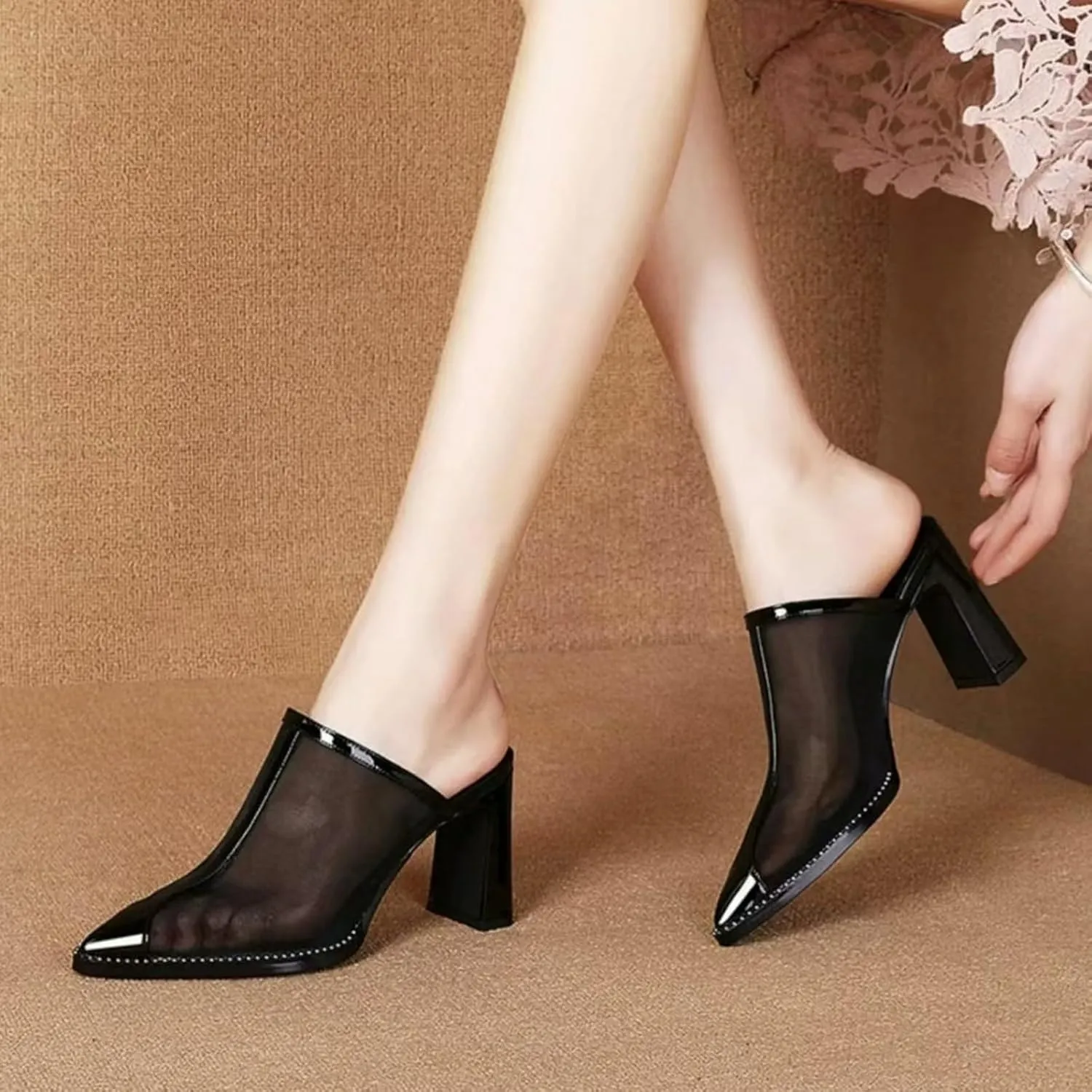 Women'S Pointed Toe Mesh Slingback Chunky Heels Sandals, Summer Comfort Closed Toe Slip On Block Mid Heels,Breathable Fashion Anti-Slip Casual Nightclub Shoes