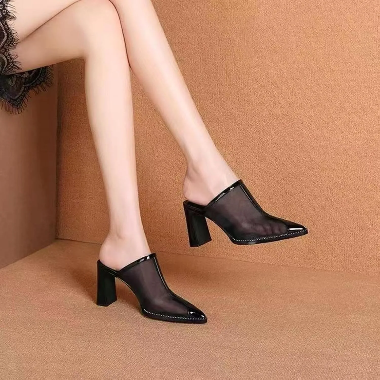 Women'S Pointed Toe Mesh Slingback Chunky Heels Sandals, Summer Comfort Closed Toe Slip On Block Mid Heels,Breathable Fashion Anti-Slip Casual Nightclub Shoes