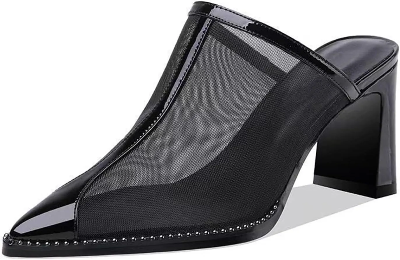 Women'S Pointed Toe Mesh Slingback Chunky Heels Sandals, Summer Comfort Closed Toe Slip On Block Mid Heels,Breathable Fashion Anti-Slip Casual Nightclub Shoes