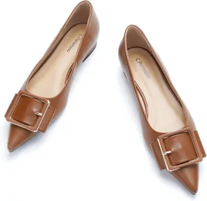 Women's Pointed Toe Square Buckle Flats Elegant Slip-On Ballet Flats Comfortable Dressy Shoes for Work Party Daily Wear(Size 7.5,Brown)