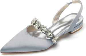 Women's Pointed Toe Wedding Flats Satin Rhinestones Slingback Bridal Shoes Comfortable Evening Prom Party Dress Shoes Pumps