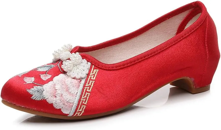 Women's Retro Classic Ballet Flats Shoes Pointed Toe Low Heel Mary Jane Shoes Handmade Floral Embroidered Shoes for Women Cheongsam Shoes