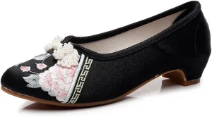 Women's Retro Classic Ballet Flats Shoes Pointed Toe Low Heel Mary Jane Shoes Handmade Floral Embroidered Shoes for Women Cheongsam Shoes