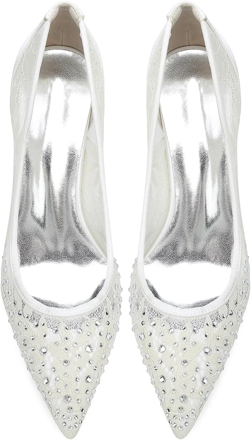 Women's Rhinestone Lace Wedding Shoes Closed Toe Crystal Rhinestone Bridal Shoes Slip-on Mid Heels Sandals