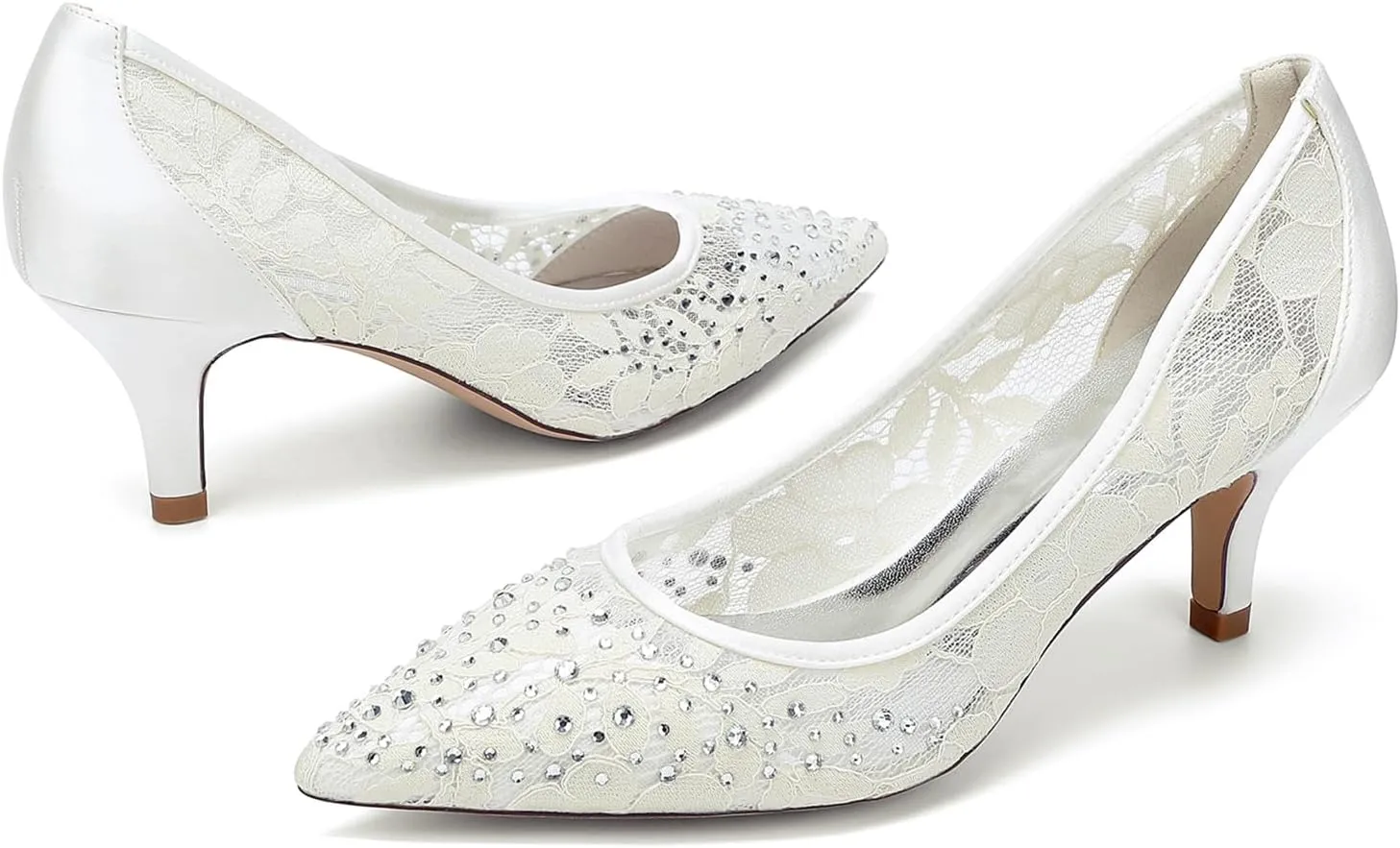 Women's Rhinestone Lace Wedding Shoes Closed Toe Crystal Rhinestone Bridal Shoes Slip-on Mid Heels Sandals