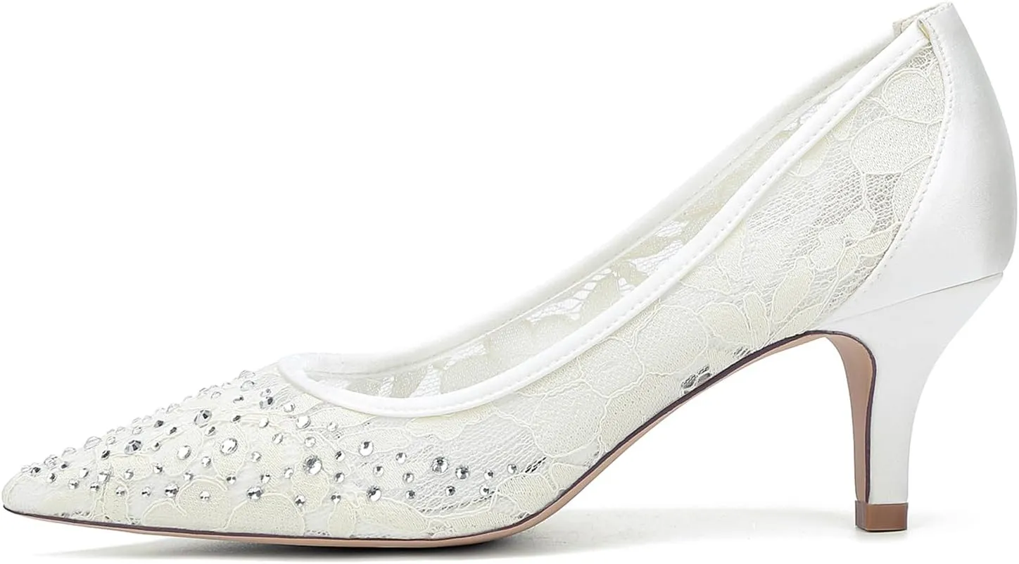 Women's Rhinestone Lace Wedding Shoes Closed Toe Crystal Rhinestone Bridal Shoes Slip-on Mid Heels Sandals