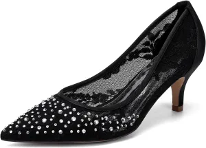 Women's Rhinestone Lace Wedding Shoes Closed Toe Crystal Rhinestone Bridal Shoes Slip-on Mid Heels Sandals