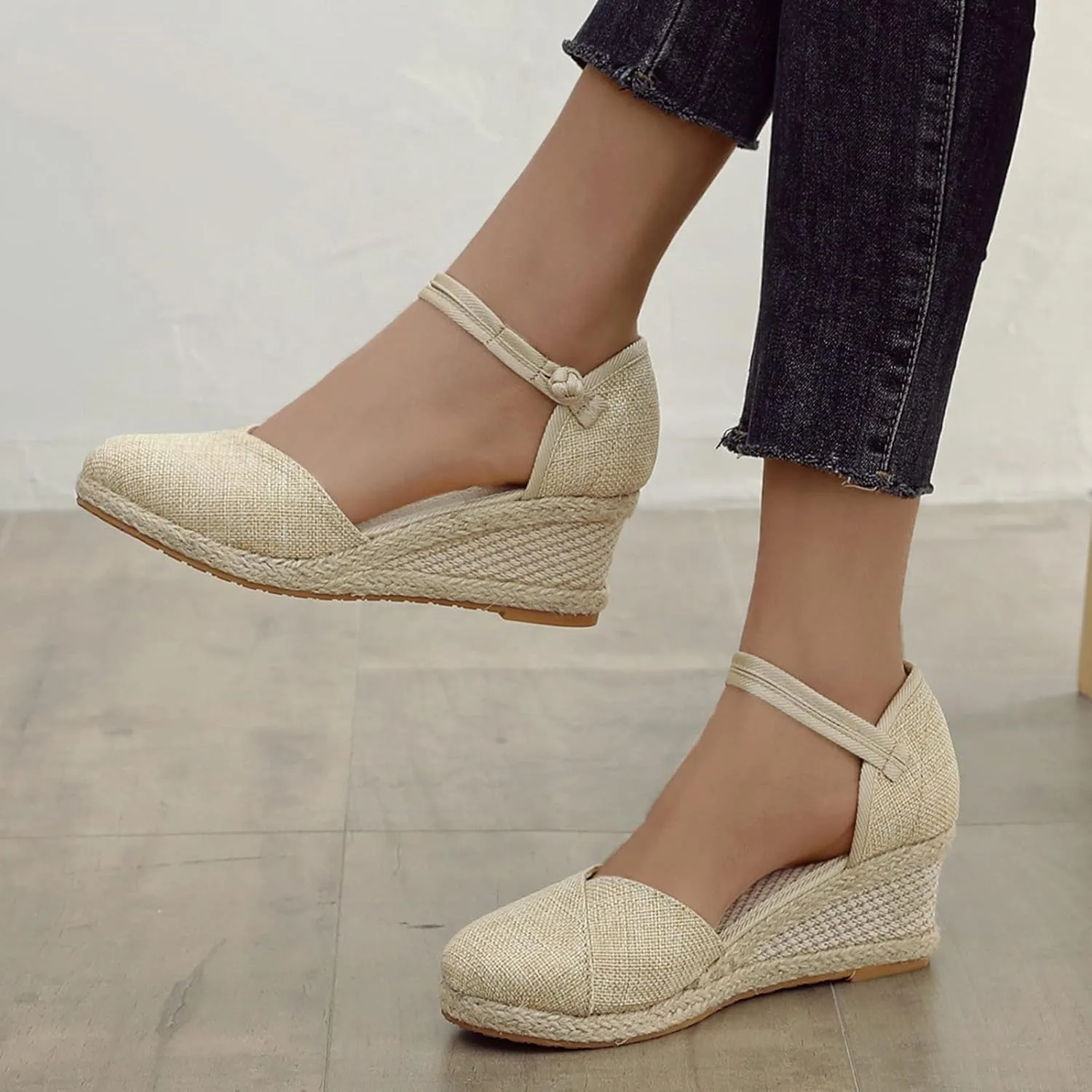 Womens Sandals Closed Toe Linen Wedge Sandals Buckle Ankle Strap Platform Comfortable Breathable Beach Sandals