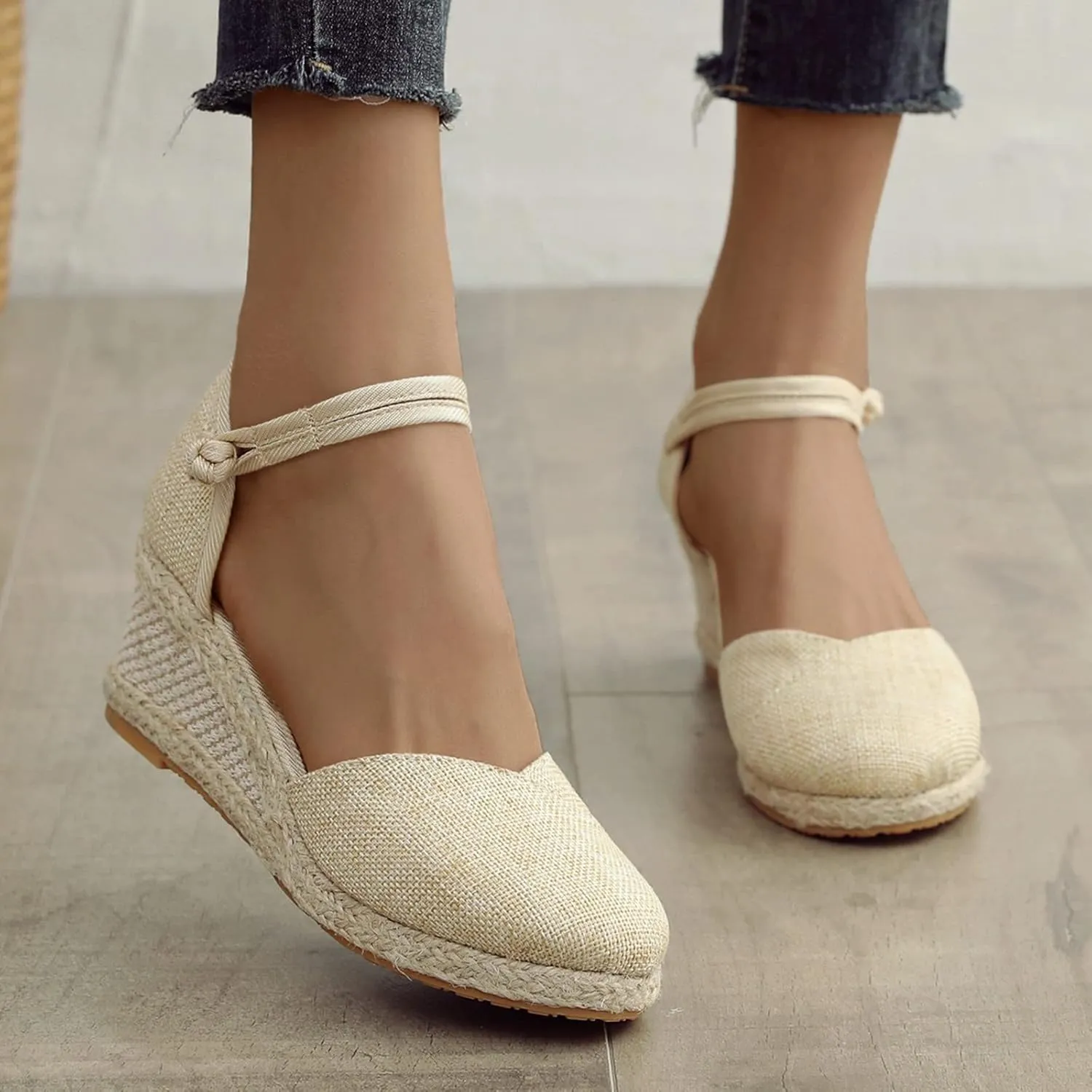 Womens Sandals Closed Toe Linen Wedge Sandals Buckle Ankle Strap Platform Comfortable Breathable Beach Sandals