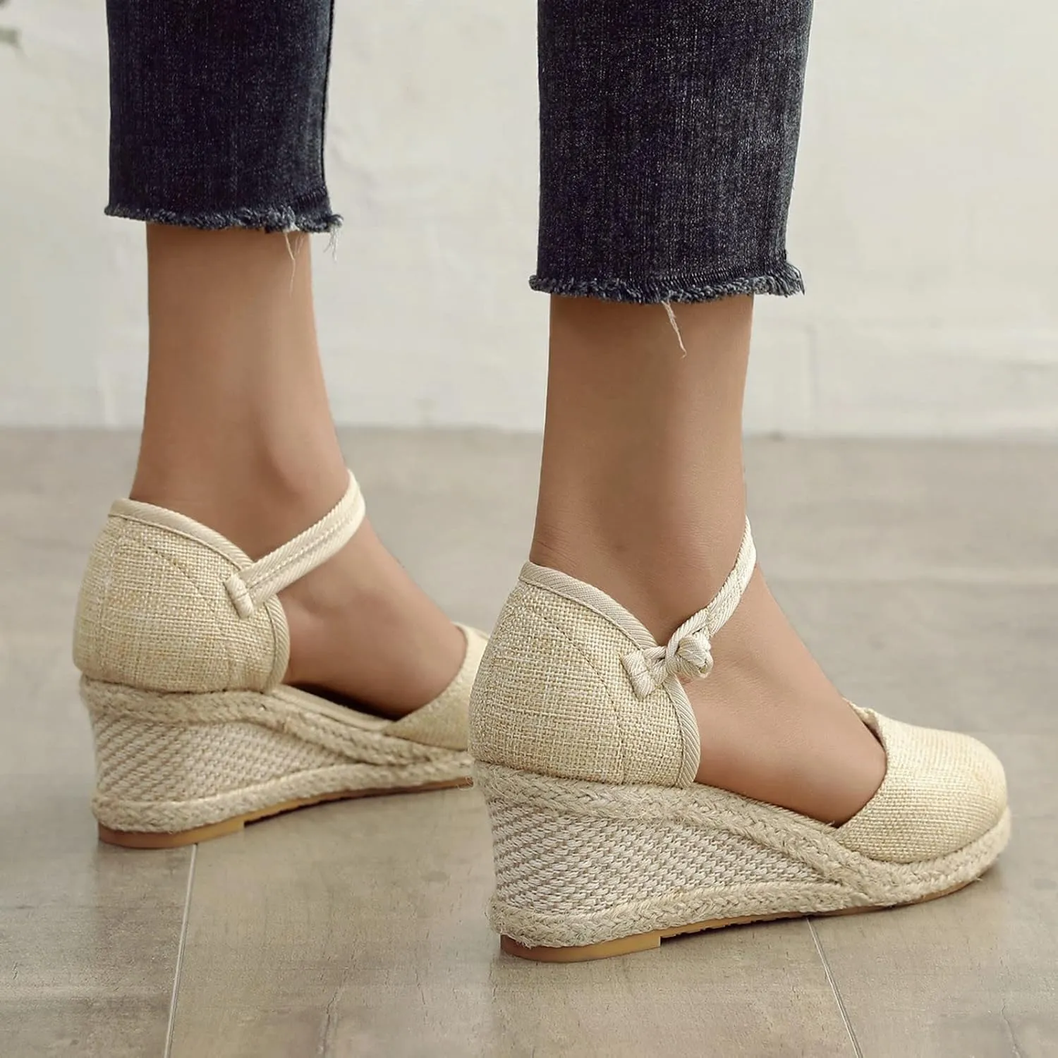 Womens Sandals Closed Toe Linen Wedge Sandals Buckle Ankle Strap Platform Comfortable Breathable Beach Sandals