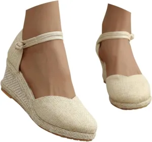 Womens Sandals Closed Toe Linen Wedge Sandals Buckle Ankle Strap Platform Comfortable Breathable Beach Sandals