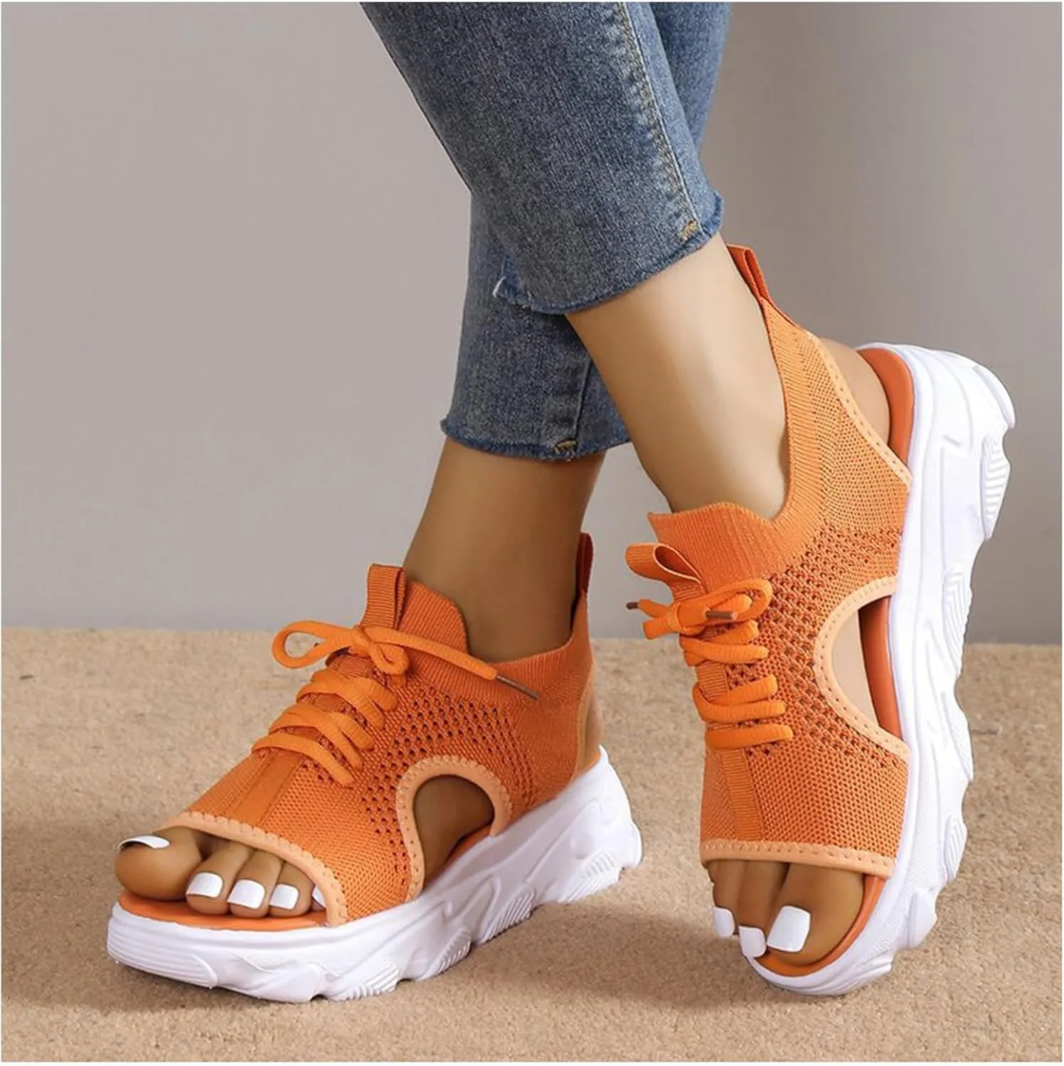 Womens Sandals Comfortable Platform Sandals 2024 Summer Mesh Open Toe Platform Wedge Sandals Causal Walking Sandals Women's Lace Up Muffin Sandals