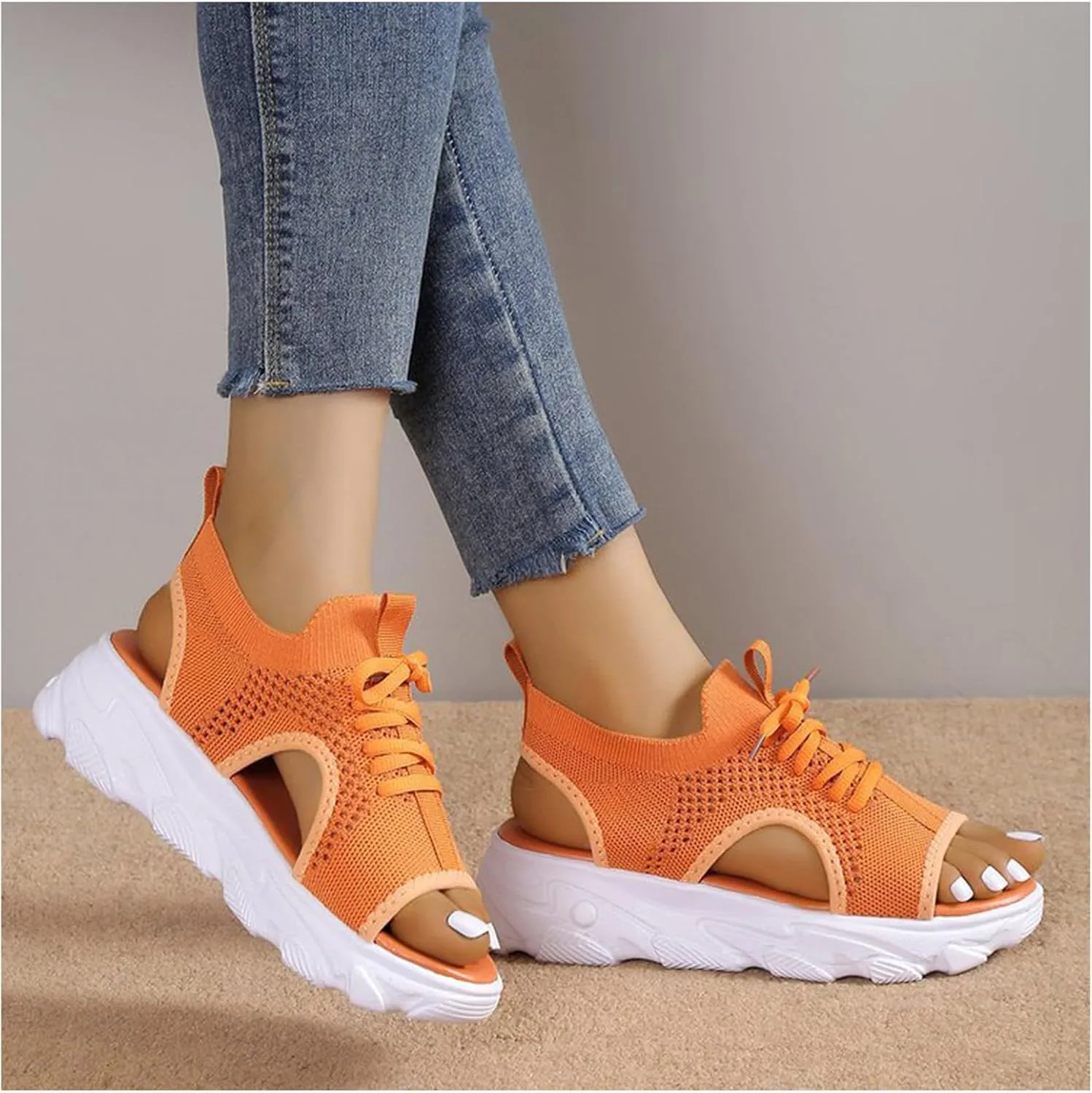 Womens Sandals Comfortable Platform Sandals 2024 Summer Mesh Open Toe Platform Wedge Sandals Causal Walking Sandals Women's Lace Up Muffin Sandals