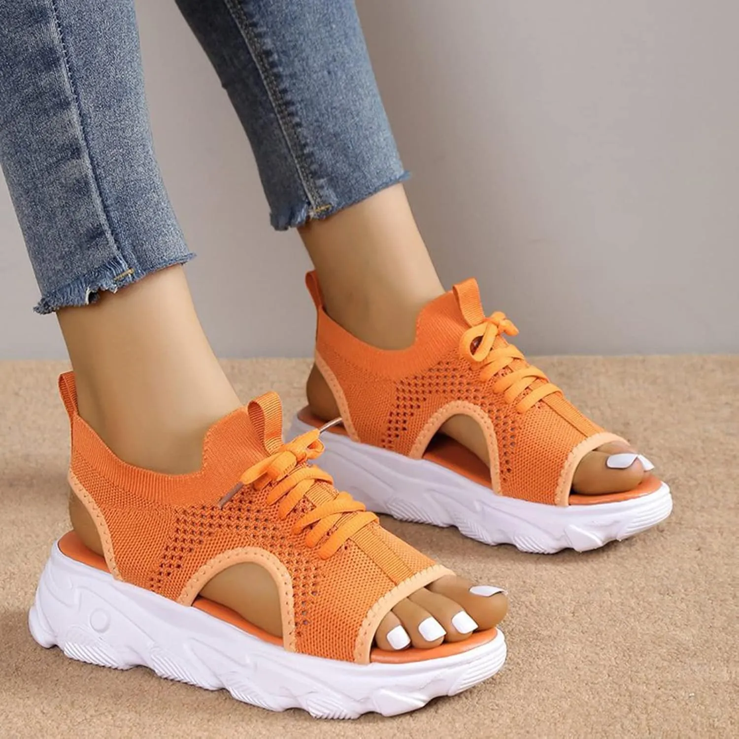 Womens Sandals Comfortable Platform Sandals 2024 Summer Mesh Open Toe Platform Wedge Sandals Causal Walking Sandals Women's Lace Up Muffin Sandals