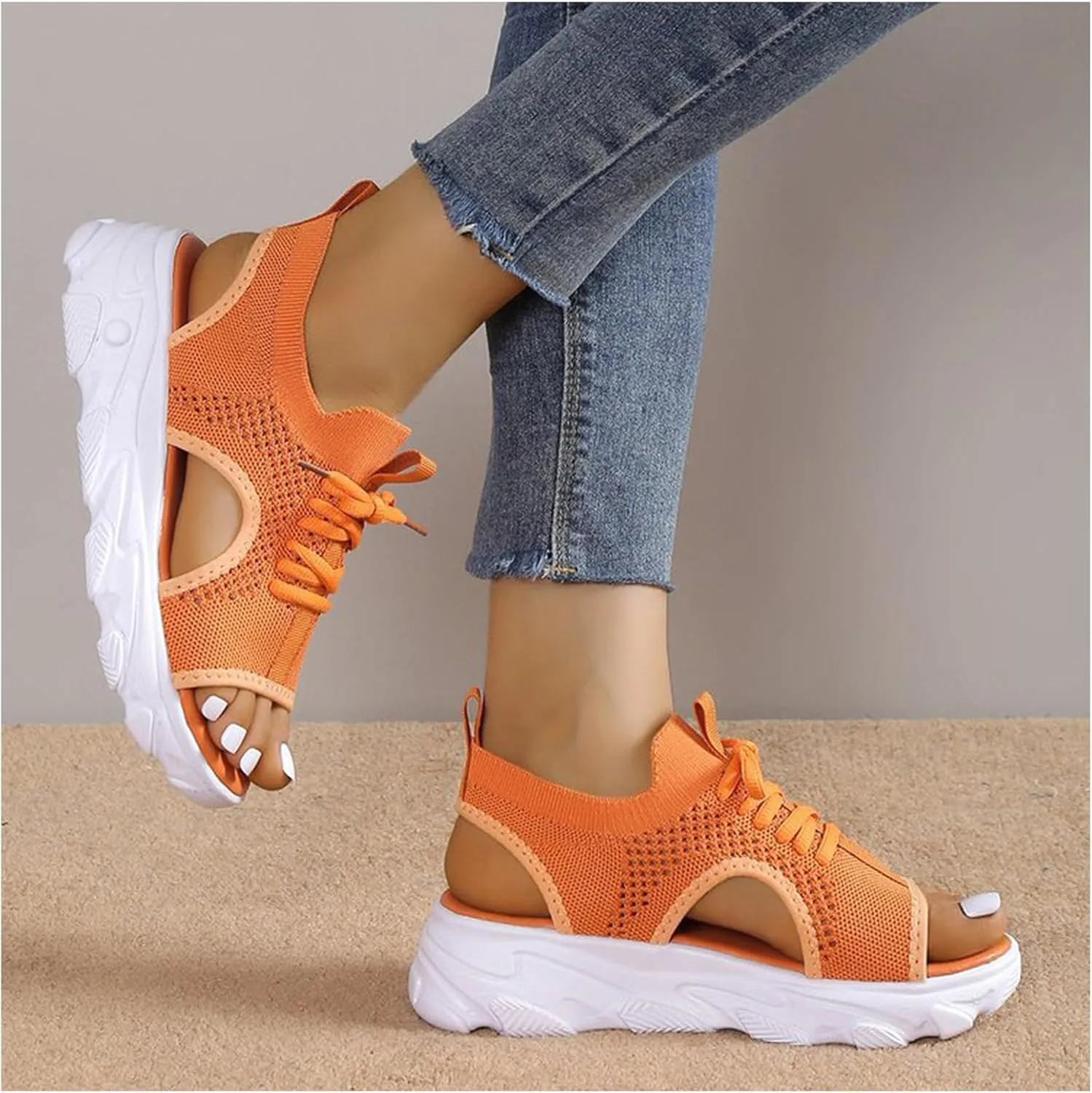 Womens Sandals Comfortable Platform Sandals 2024 Summer Mesh Open Toe Platform Wedge Sandals Causal Walking Sandals Women's Lace Up Muffin Sandals
