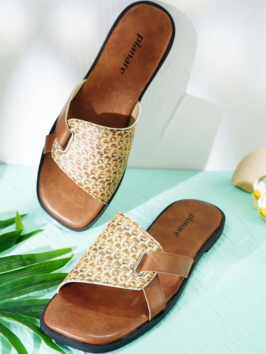 Womens Sandals Flat Slip-on Slide Woven Band Leather Strap Cross Detail,Boho Chic Open Square Toe Anti-Slip Mules,Dressy Casual Summer Shoes