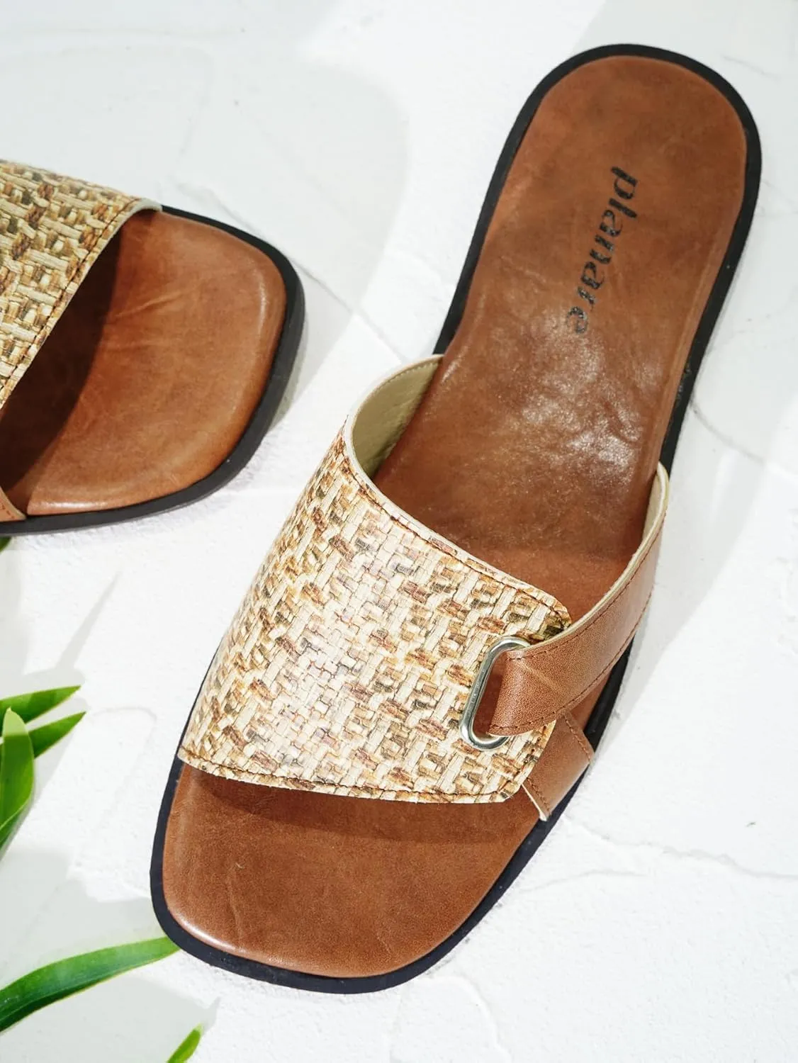 Womens Sandals Flat Slip-on Slide Woven Band Leather Strap Cross Detail,Boho Chic Open Square Toe Anti-Slip Mules,Dressy Casual Summer Shoes