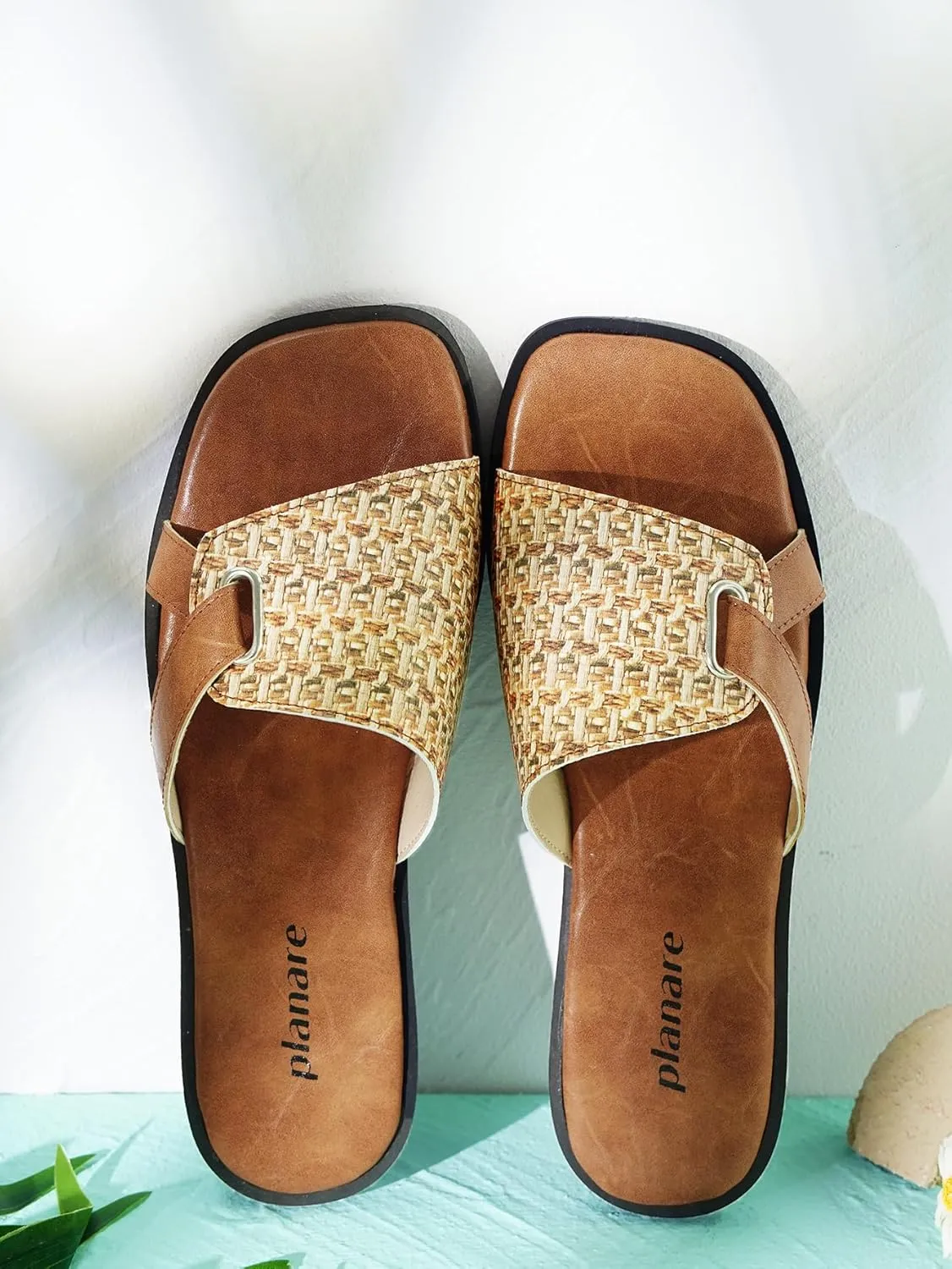 Womens Sandals Flat Slip-on Slide Woven Band Leather Strap Cross Detail,Boho Chic Open Square Toe Anti-Slip Mules,Dressy Casual Summer Shoes